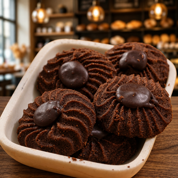 Dark chocolate swirl biscuits with chocolate drop centre in a white tray