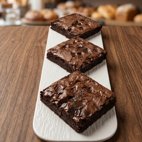 Three fudge brownies on a white serving board