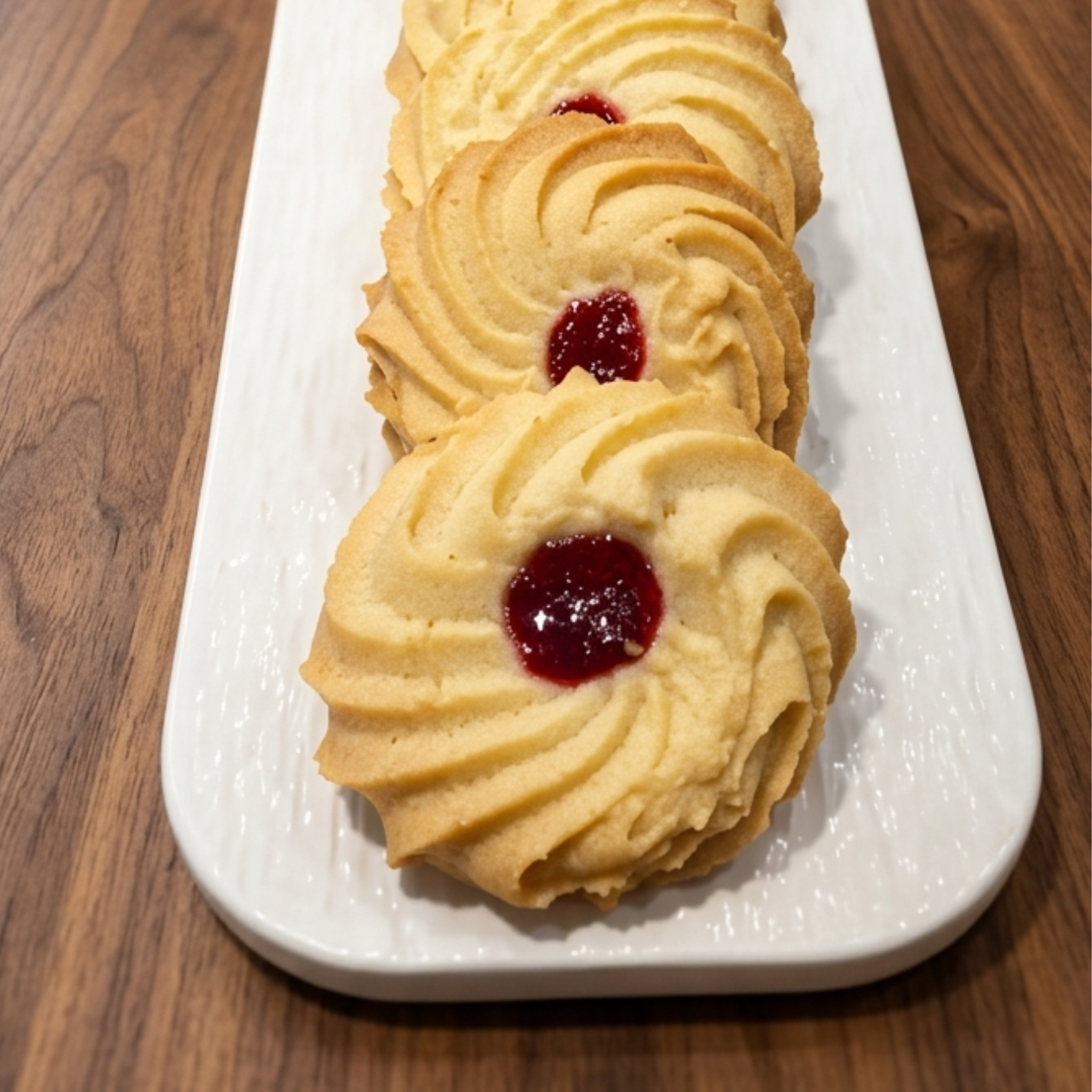 British butter biscuits piped in swirl shape with strawberry jam centre on a white board