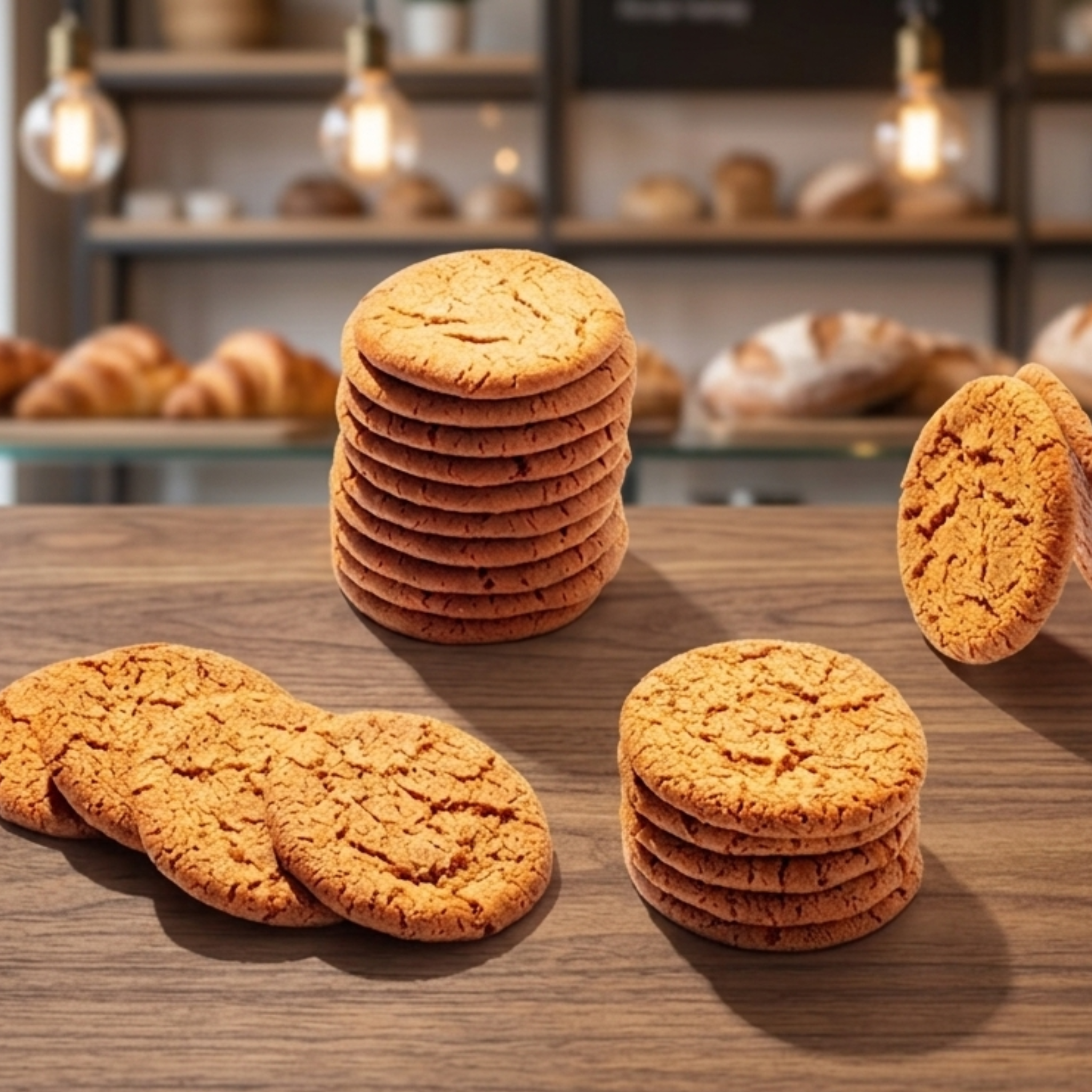 Stacks of golden ginger biscuits on a wooden surface in a bakery setting