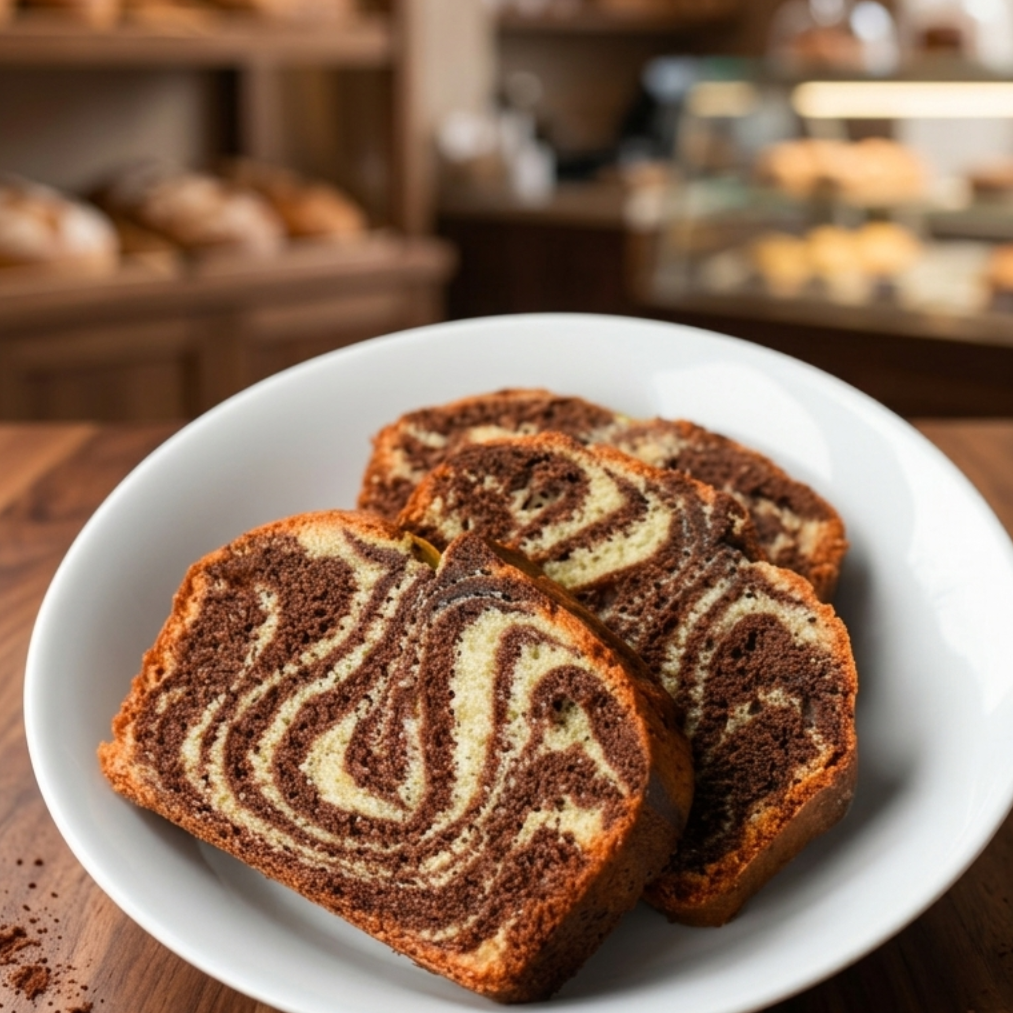 Slices of marble cake showing chocolate and vanilla swirl pattern in a white bowl