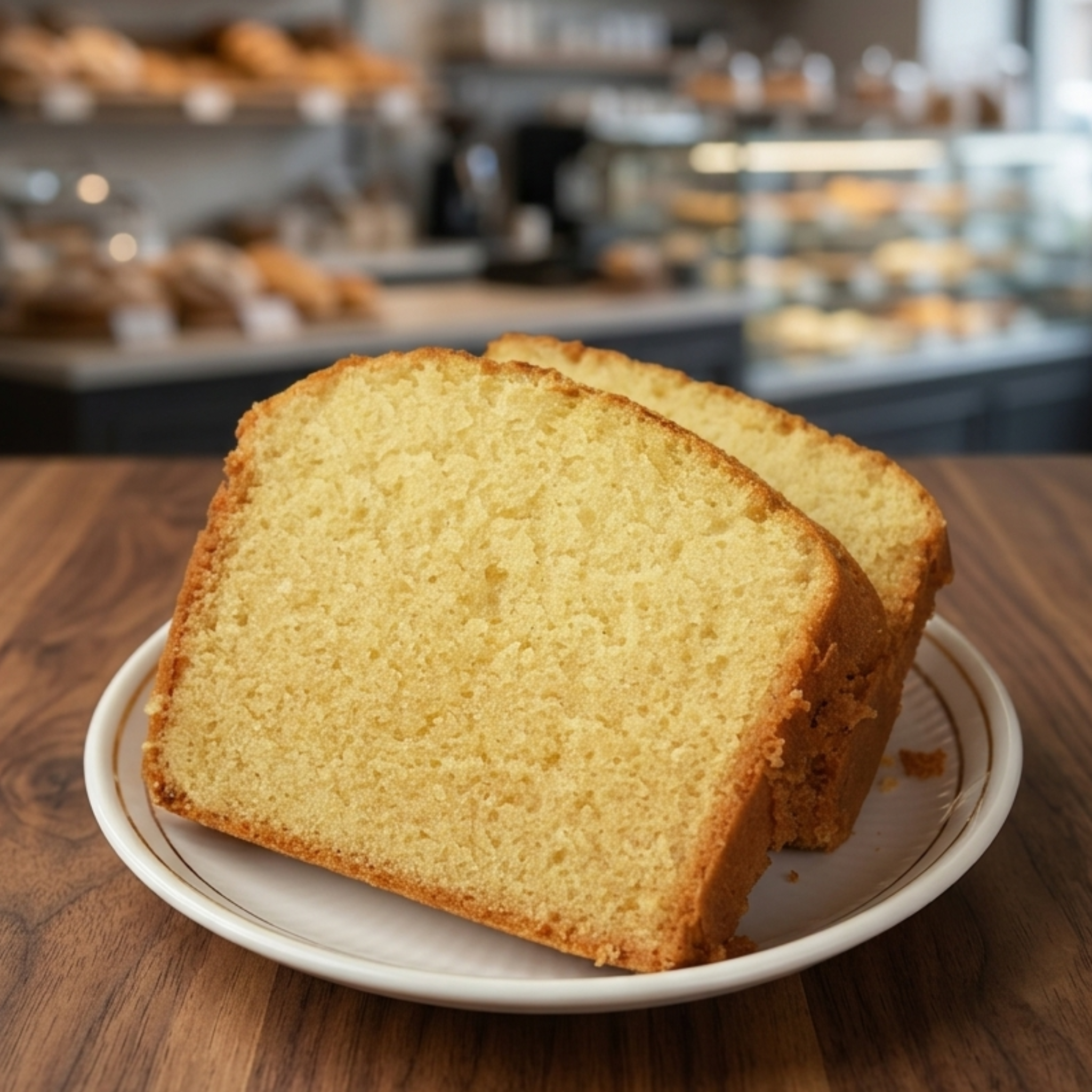 Two slices of golden tea cake on a white plate in a bakery setting