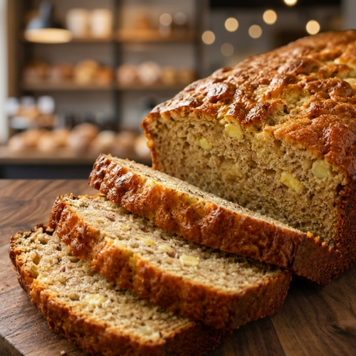 Sliced banana bread loaf on a wooden board in a bakery setting