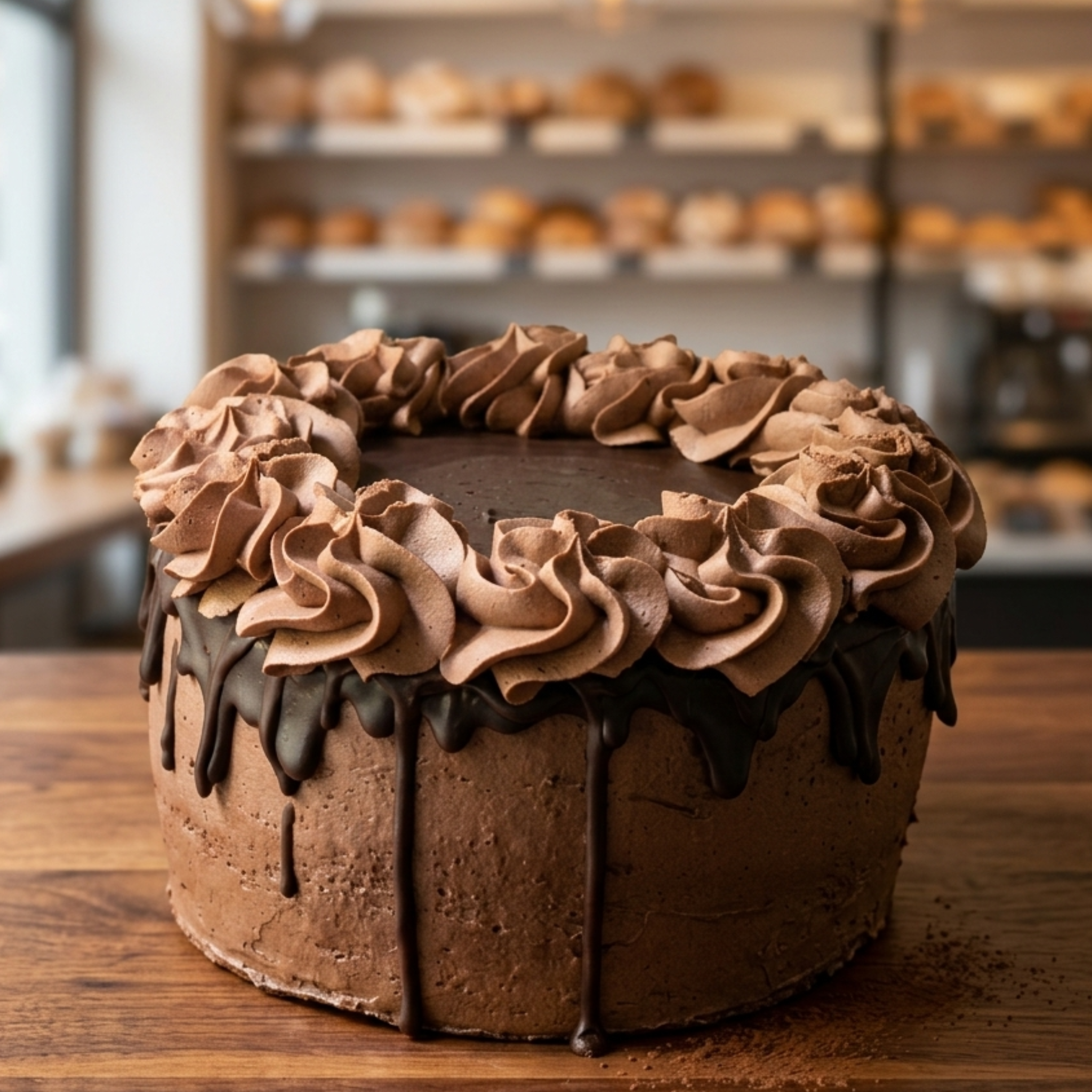 Chocolate Fudge Cake with chocolate buttercream rosettes and ganache drip